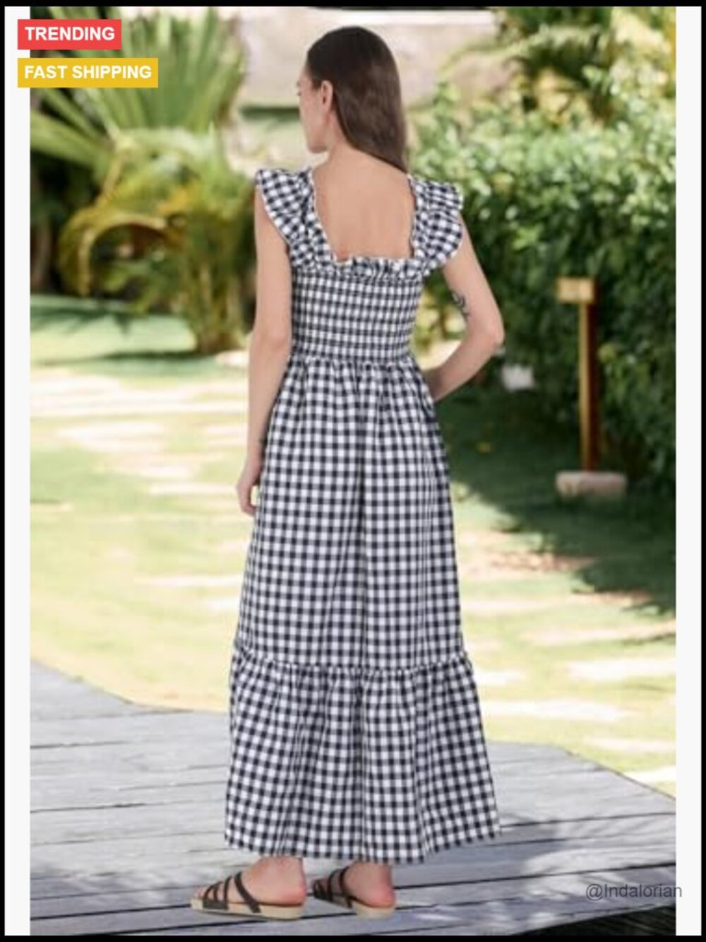 Retro Plaid Smocked Dress Spaghetti Strap Flounce Long Dress with Pockets - Picture 5 of 7